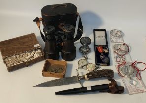 A selection of collectables; military field binoculars, compass, German hammer & Schlaegel