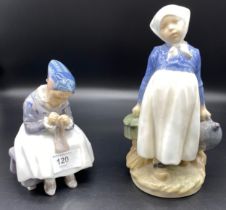 Two Royal Copenhagen figures ' pheasant girl with lunch' & 'sewing woman' figures [21.5cm]