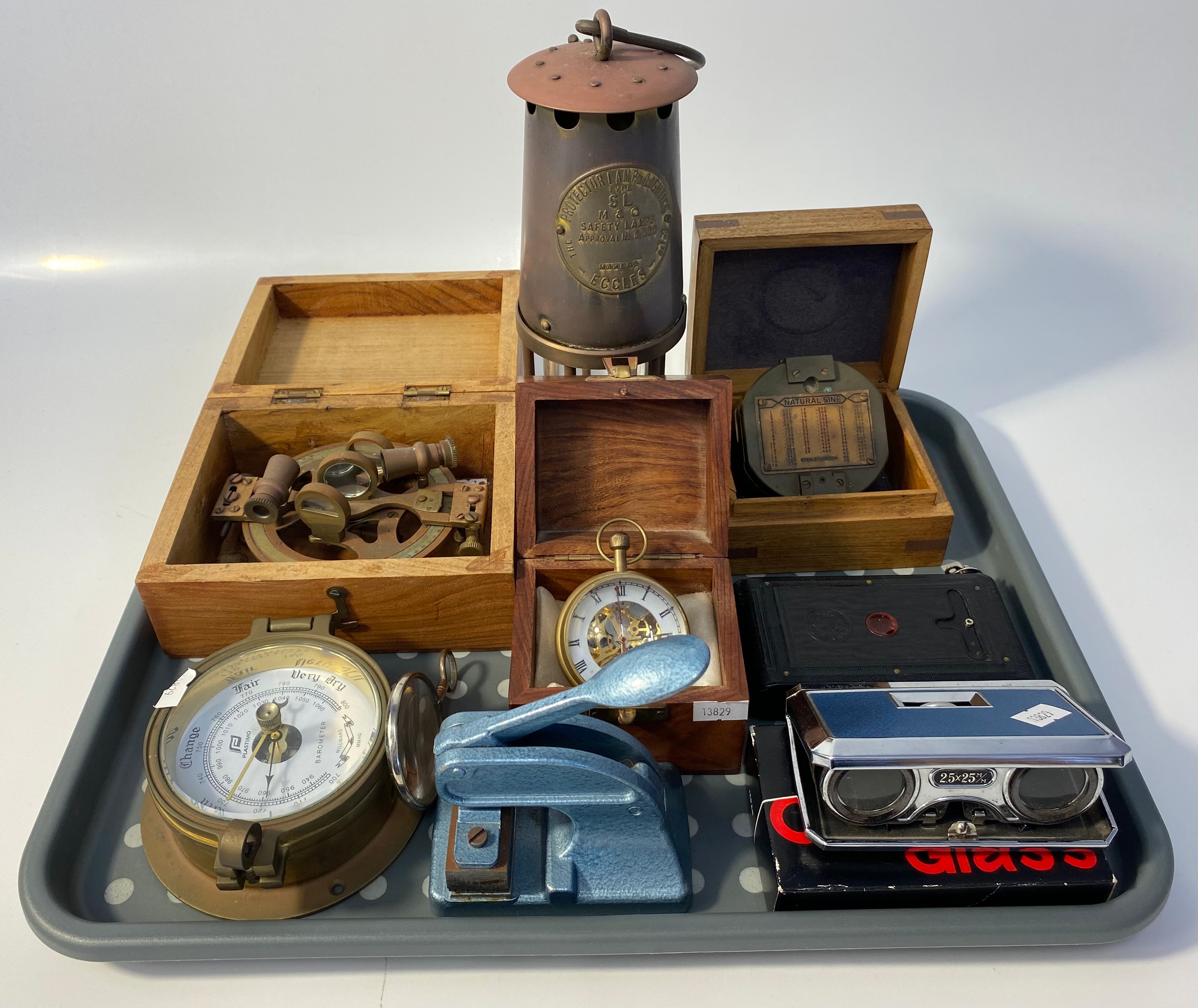 Tray of Collectables to include nautical items;brass nautical compass, barometer, Eccles miners lamp