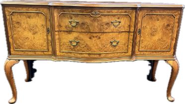 Antique style burr walnut sideboard, the serpentine surface above two drawers flanked by two