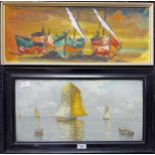Two Artworks; Mid Century oil on board 'Docked Boats' signed Gino. Antique coloured print 'Boats