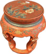 Chinese red lacquered stool with foliate and bird design [48x44cm]