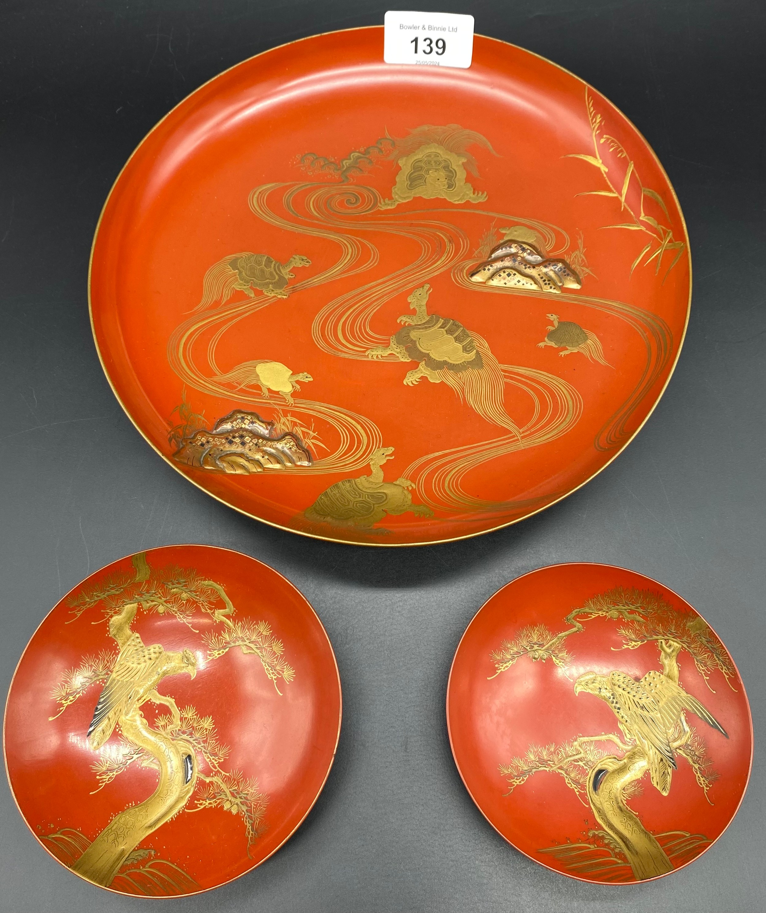 Three Meiji Period Sakazuki Maki-e Lacquerware plate & two pin dishes depicting turtles & eagle