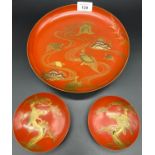 Three Meiji Period Sakazuki Maki-e Lacquerware plate & two pin dishes depicting turtles & eagle