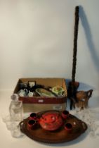 Large selection of collectables; Filey pottery jug, carved walking stick, oriental saki set &