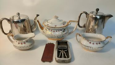 Selection of collectables; Gibsons three piece tea service, two silver plated tea pots along with