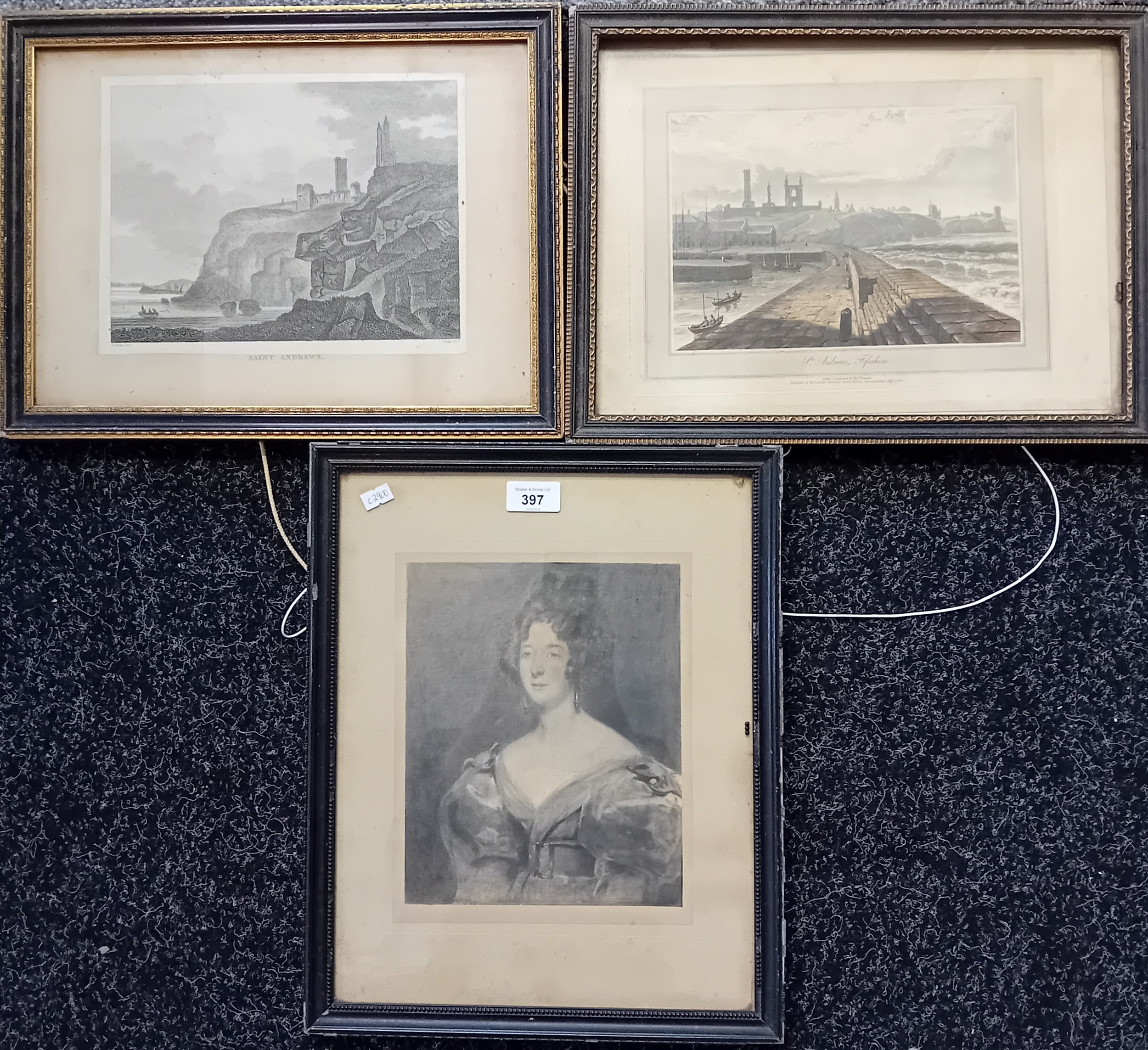 3 Artworks; Two engravings ''St Andrews, Fife'' together with antique watercolour.