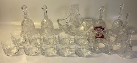 Collection of crystal; bells , whisky glass & large crystal basket