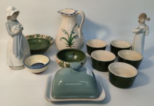 Selection of studio pottery & collectables; Crail pottery fruit pattern bowls, Le Crueset desert