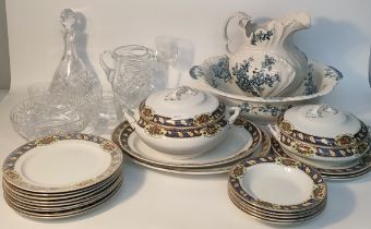 Selection of crystal & porcelain wares; Losol ware dinner service, Victorian blue & white wash jug &