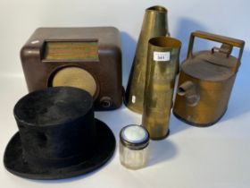 Selection of collectables; Antique top hat By Piccadilly, bush radio, silver hallmarked topped jar