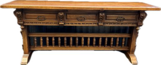 Baroque style walnut console table, the rectangular surface over three short drawers, raised on