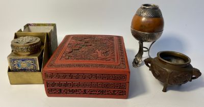 Chinese cinnabar lacquered box depicting pagoda scene, bronze Chinese incense burner, Chinese