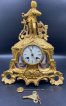 19th century French figural spelter mantle clock with Le Roy Paris enamel face [29x35x8cm]