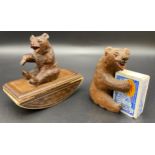 Antique carved black forest inkwell blotter along with bear matchbox holder [9.5cm Height]