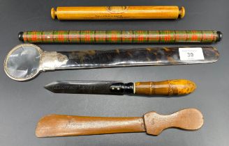Three 19th century page turners & two mauchline ware rolling pins ; Silver hallmarked mounted page