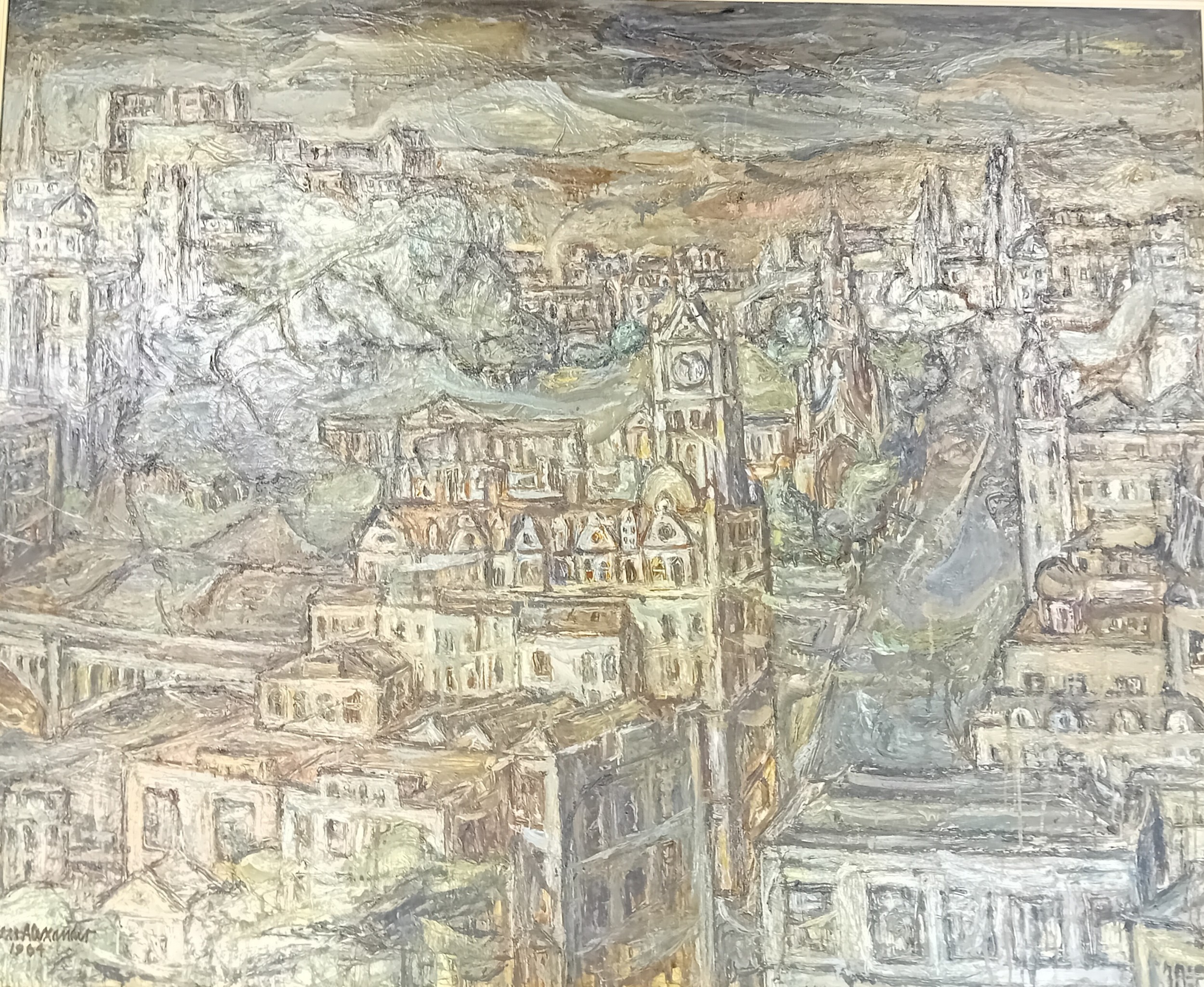 Vivien Alexander Large oil on board of a built up city scene, signed and dated 1964. Appeared in the