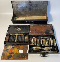 Two antique artist paint boxes and a Victorian deed box