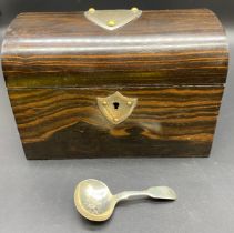 19th century Dome top hardwood tea caddy with fitted plated mounts & escutcheon two lidded