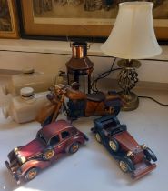 Collection of vintage wooden cars, bike, Two ceramic water bottle together with lamp and candle