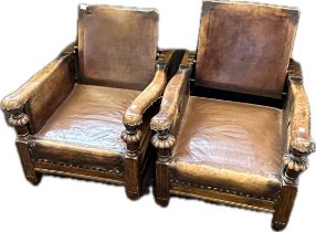 19th century oak chairs with adjustable backs flanked by carved and turned arms, raised on square