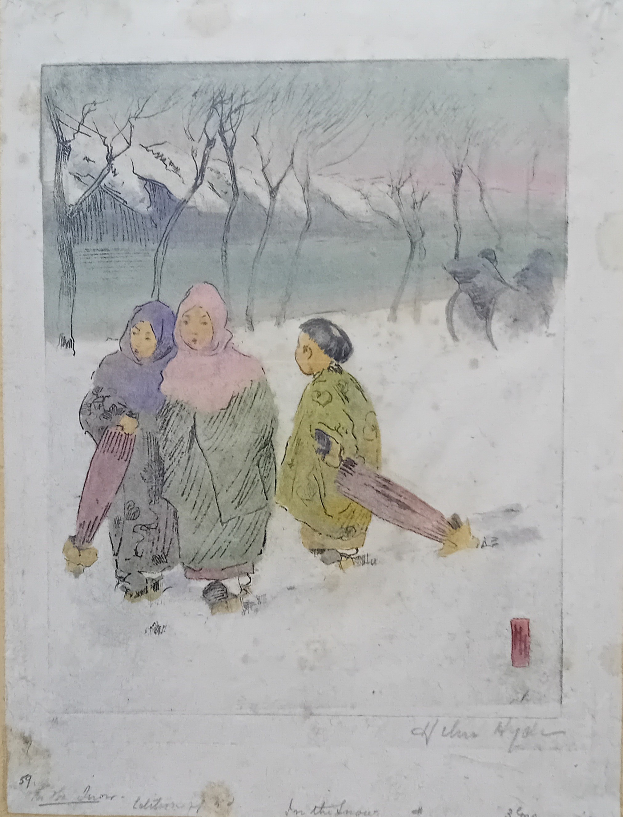 Helen Hyde Limited edition oriental coloured block print titled ''In The Snow'', signed. [Frame