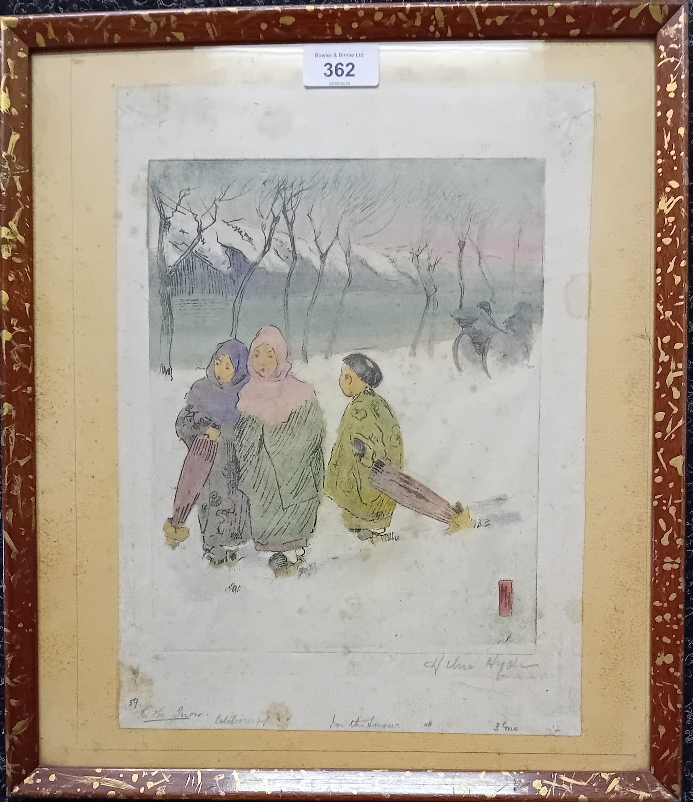 Helen Hyde Limited edition oriental coloured block print titled ''In The Snow'', signed. [Frame - Image 2 of 3