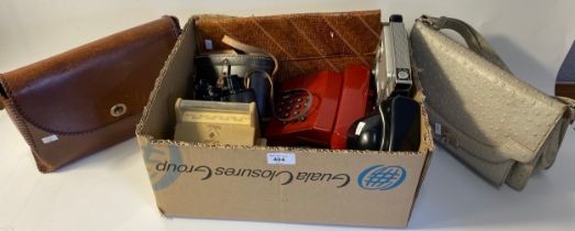 Box of collectables to include vintage cameras, Aquilus binoculars and 3 ladies handbags