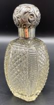 Silver hallmarked topped perfume bottle set with glass body, Miller Brothers, Birmingham [15cm]