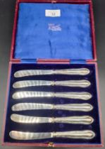 Set of six silver handled butter knives; Sheffield, C T Burrows & Sons (Charles Turman Burrows)