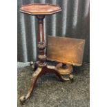 Mahogany octagonal plant stand on tripod base, together with an antique music sheet stand