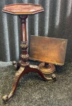 Mahogany octagonal plant stand on tripod base, together with an antique music sheet stand