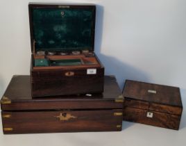 A collection of three antique boxes; brass bounded writing slope, Victorian vanity box along with