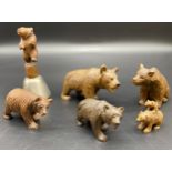 Collection of black forest wooden bear figures & novelty bell [10cm Height]