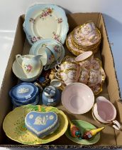 Box of Collectable porcelain; Tuscan tea ware, Wedgewood blue jasper ware and Hummel figures
