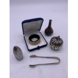 Mixed lot of silver and white metal items, London silver boxed napkin ring, silver hallmarked tongs,