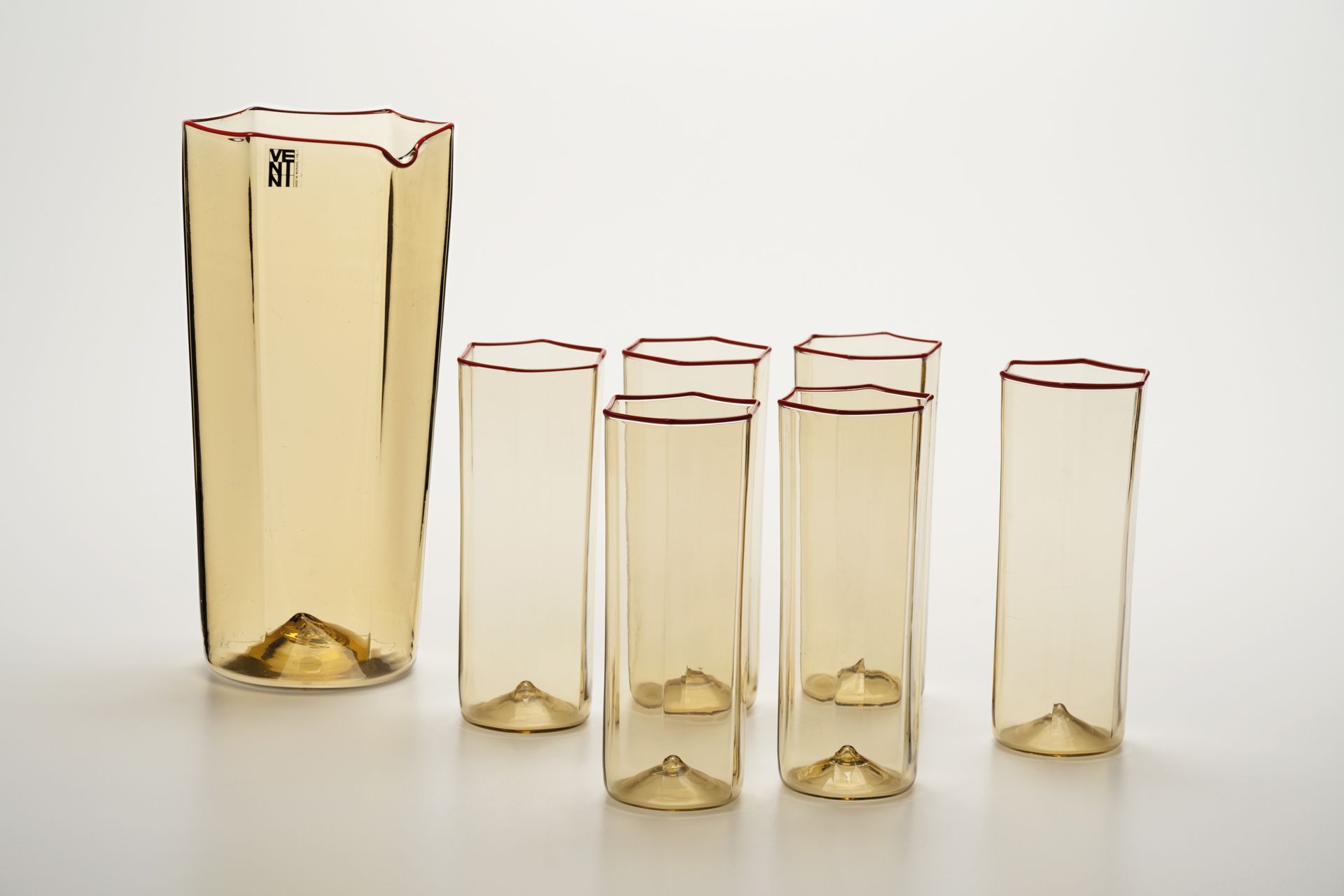 Carlo Scarpa - Set aus Karaffe und 6 sechseckigen Gläsern, 1980er Jahre