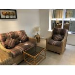 Assortment of conservatory display furniture including 2x chairs 1 x sofa and coffee table