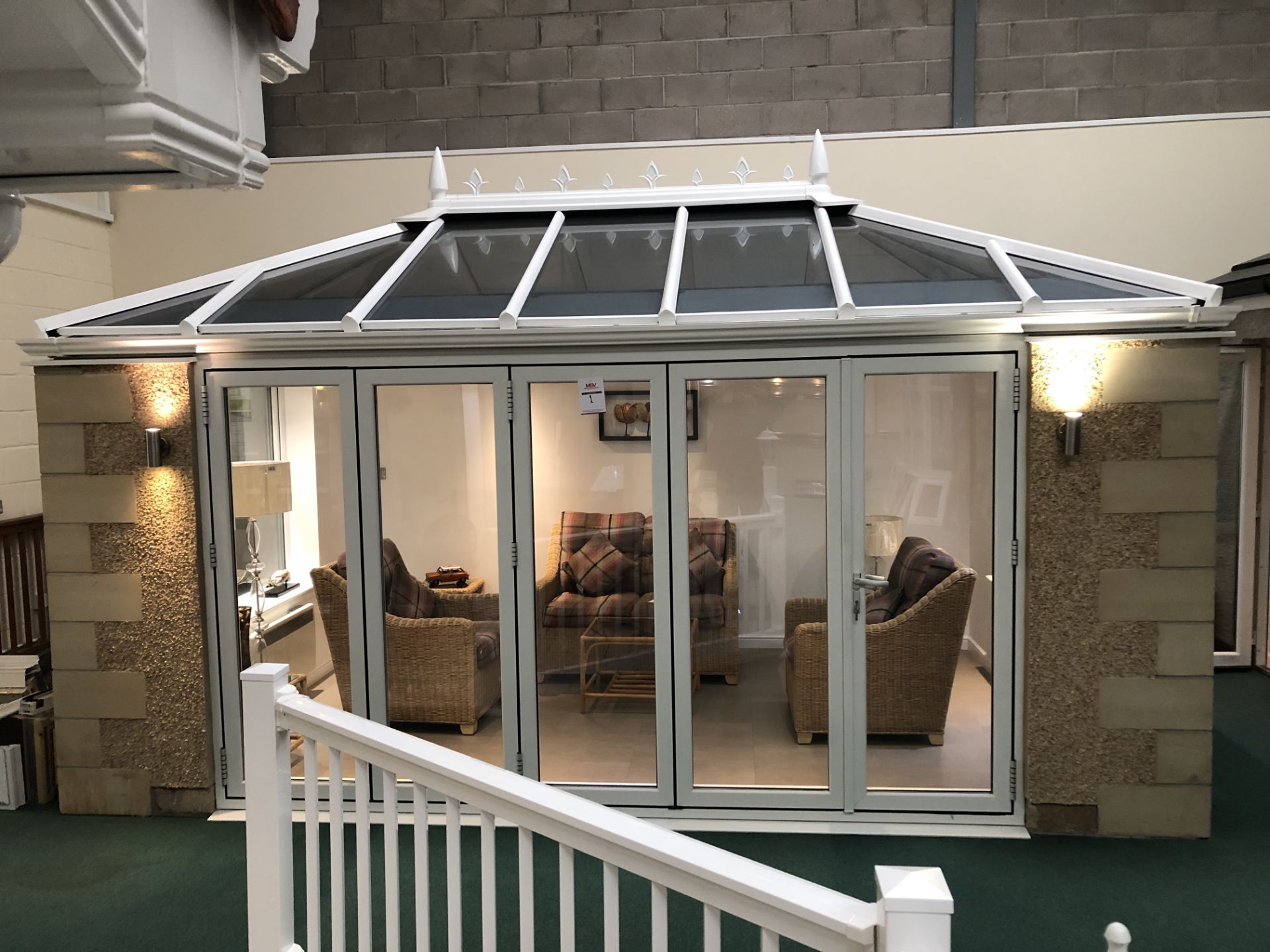 Large Display Conservatory with white Bi-folding Doors and conservatory roof (not including Furnitur