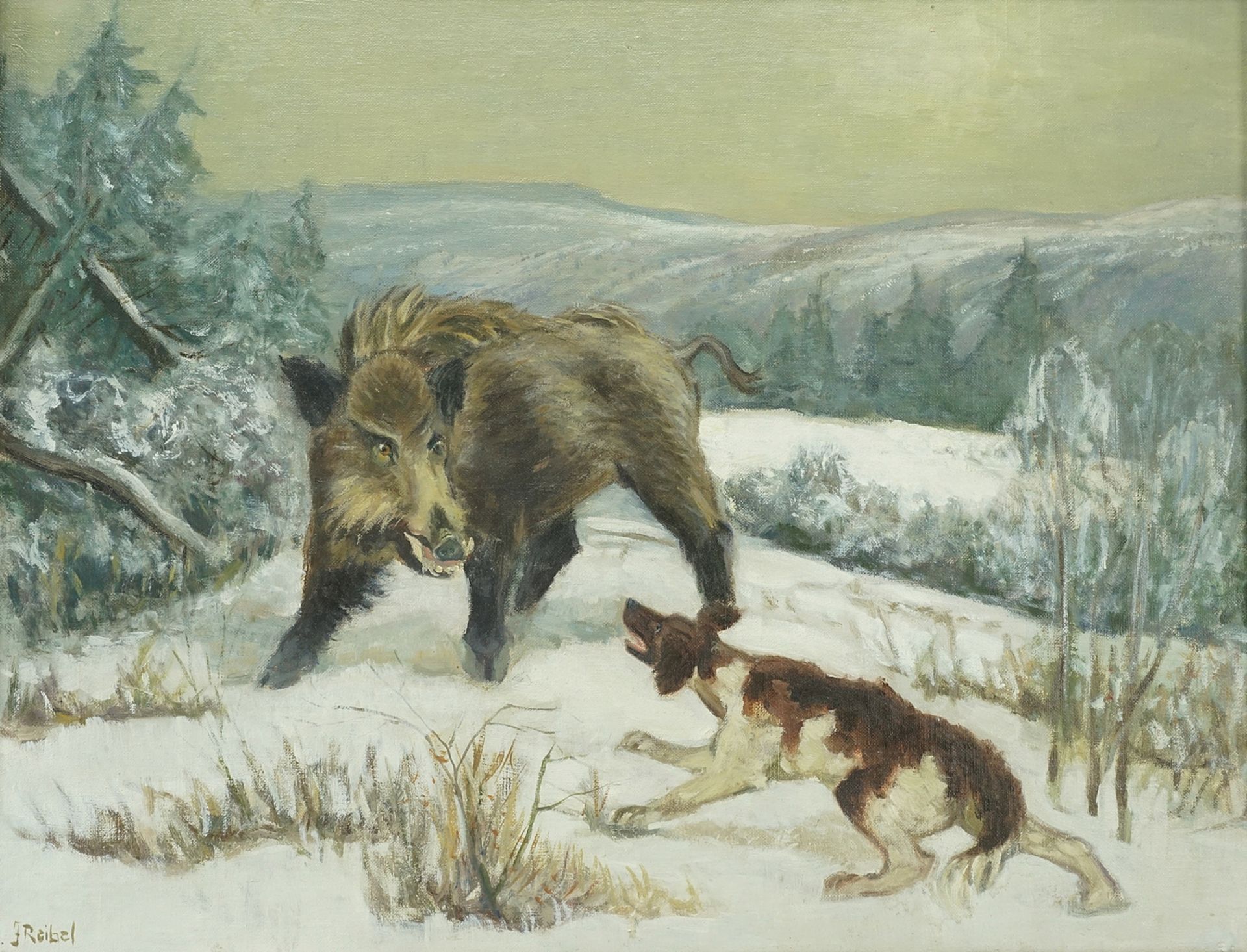 J. Reibel, Winter landscape with wild boar and dog
