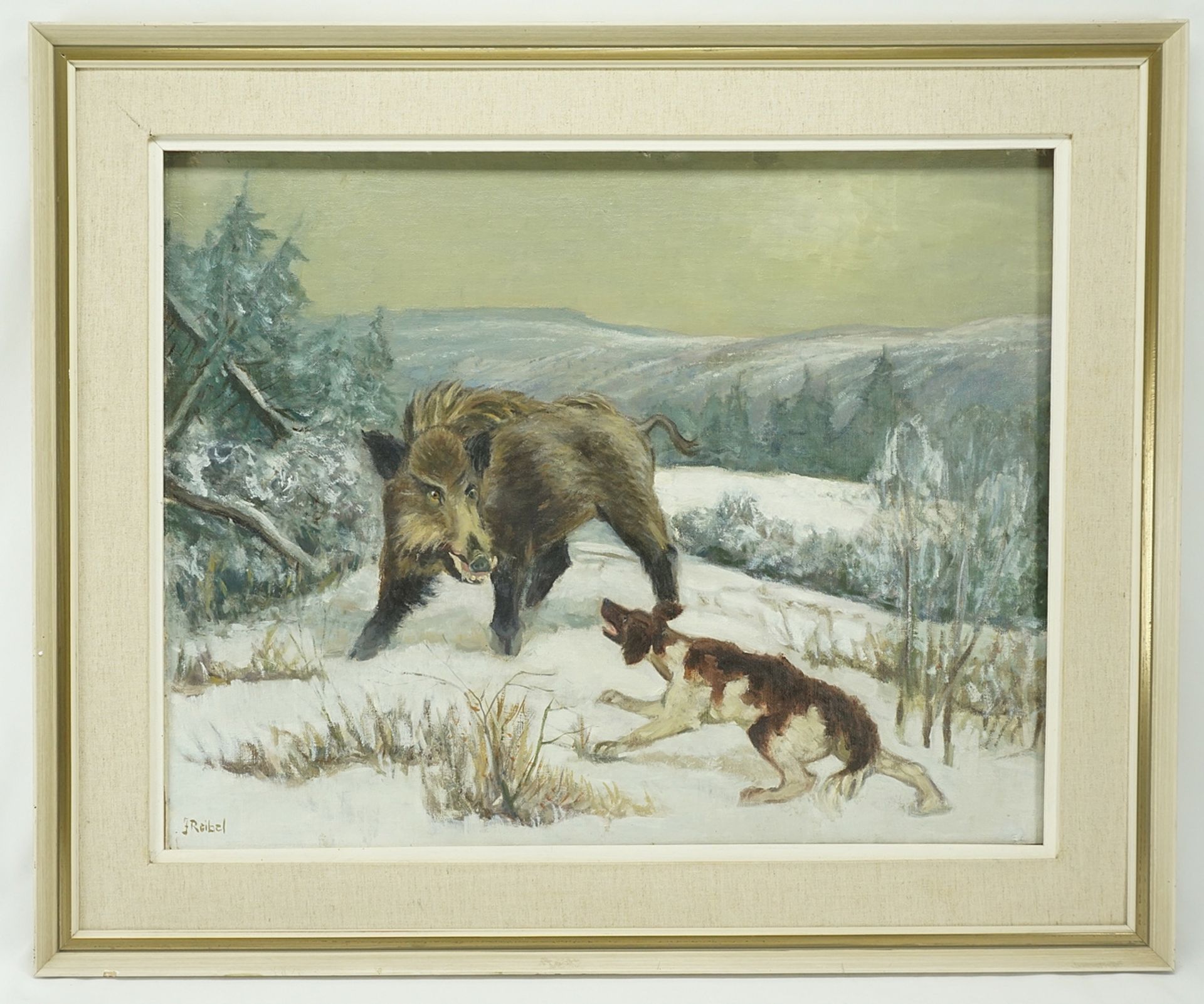J. Reibel, Winter landscape with wild boar and dog - Image 2 of 4