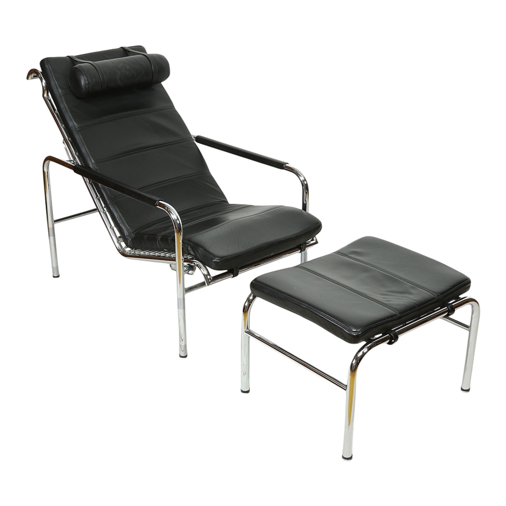 Chaise longue with stool, chrome-plated steel, black leather cover