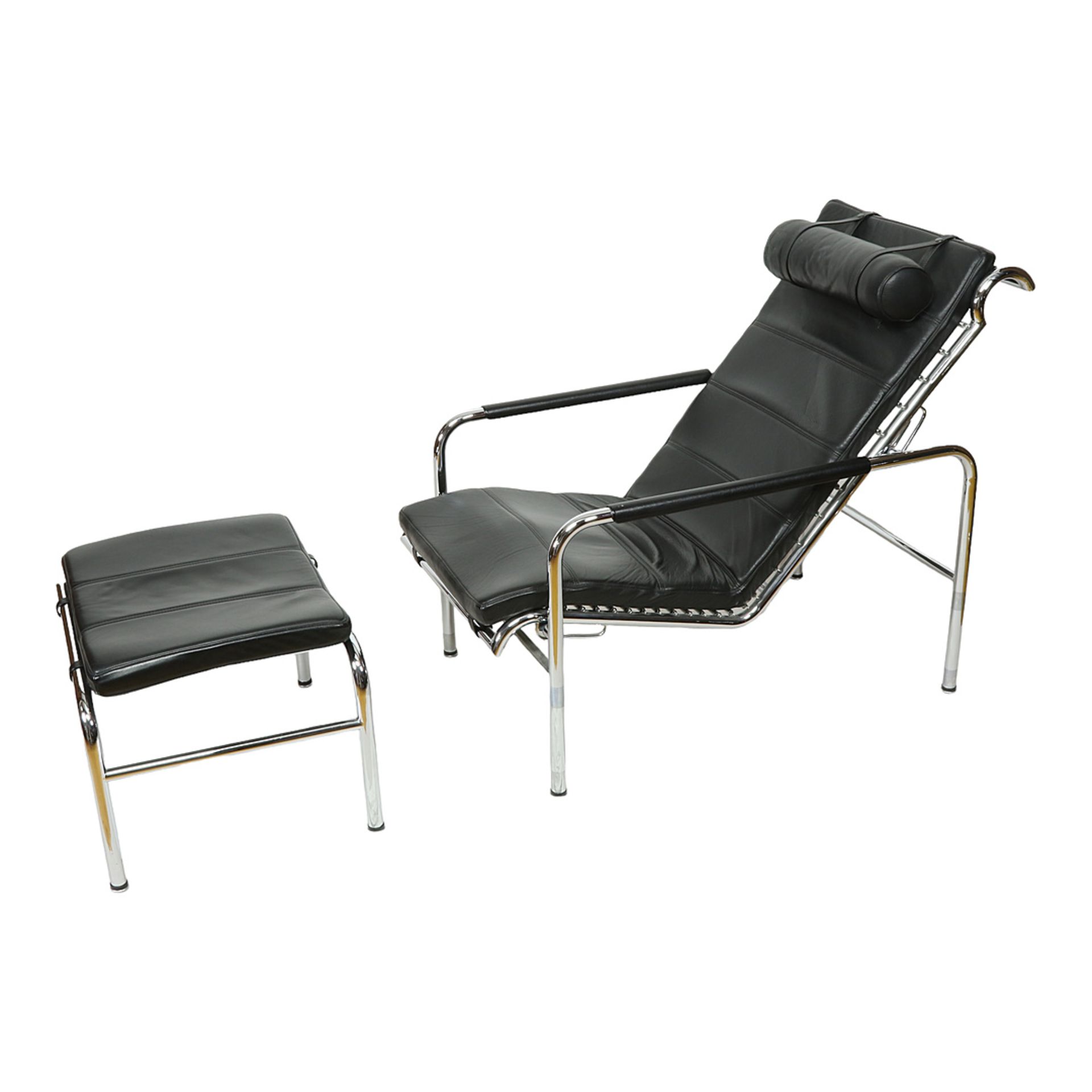 Chaise longue with stool, chrome-plated steel, black leather cover - Image 2 of 9