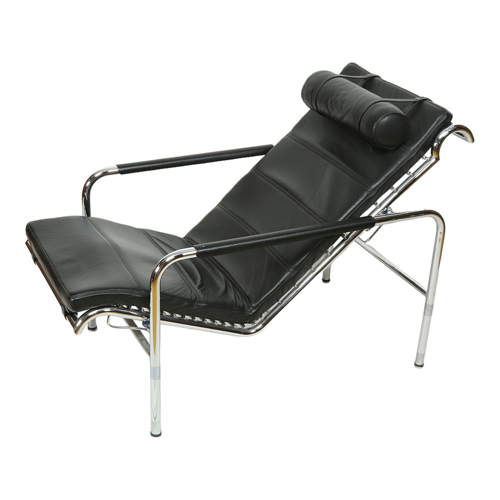 Chaise longue with stool, chrome-plated steel, black leather cover - Image 3 of 9