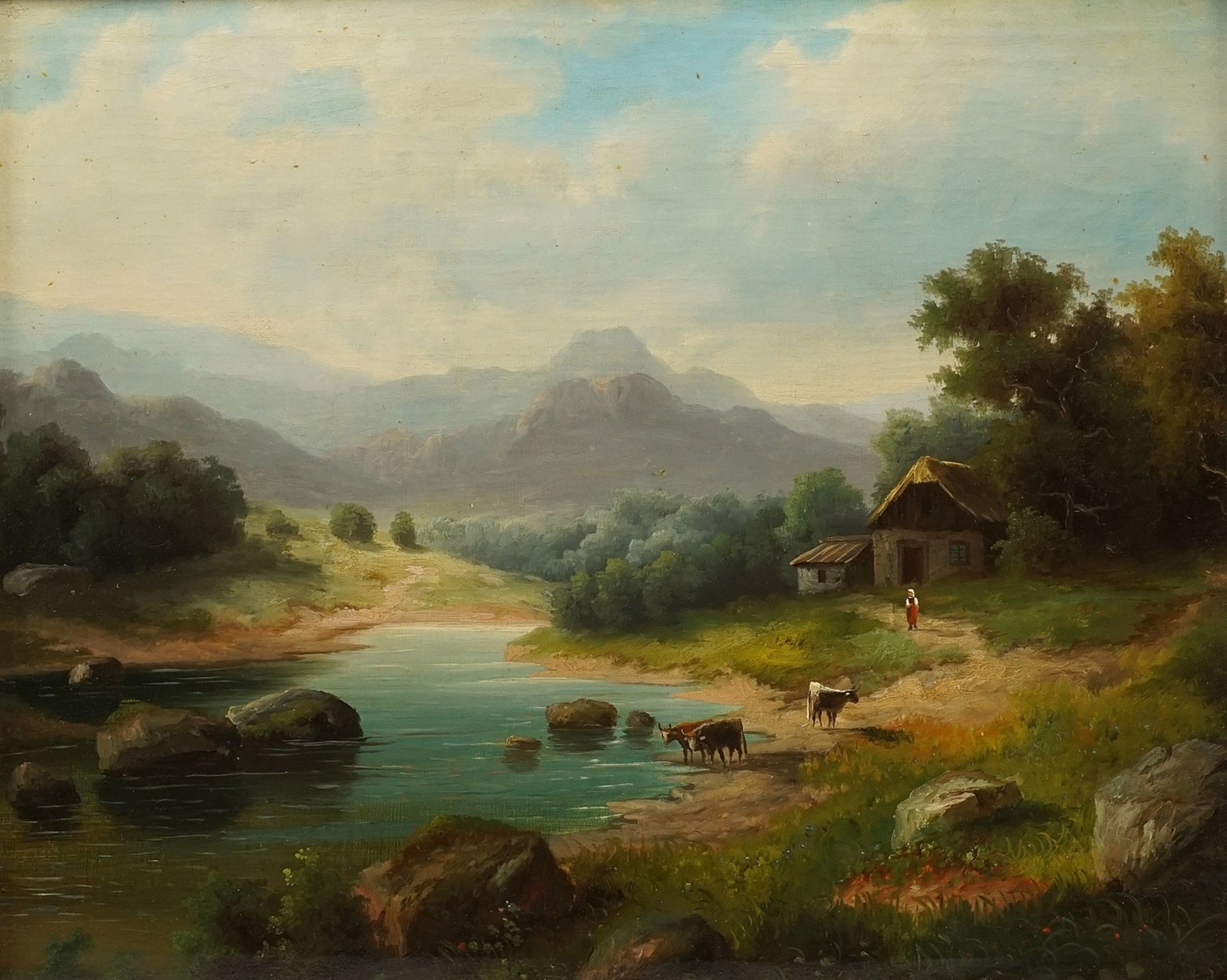 Unknown romantic, Peasant woman with cattle by the river - Image 2 of 3