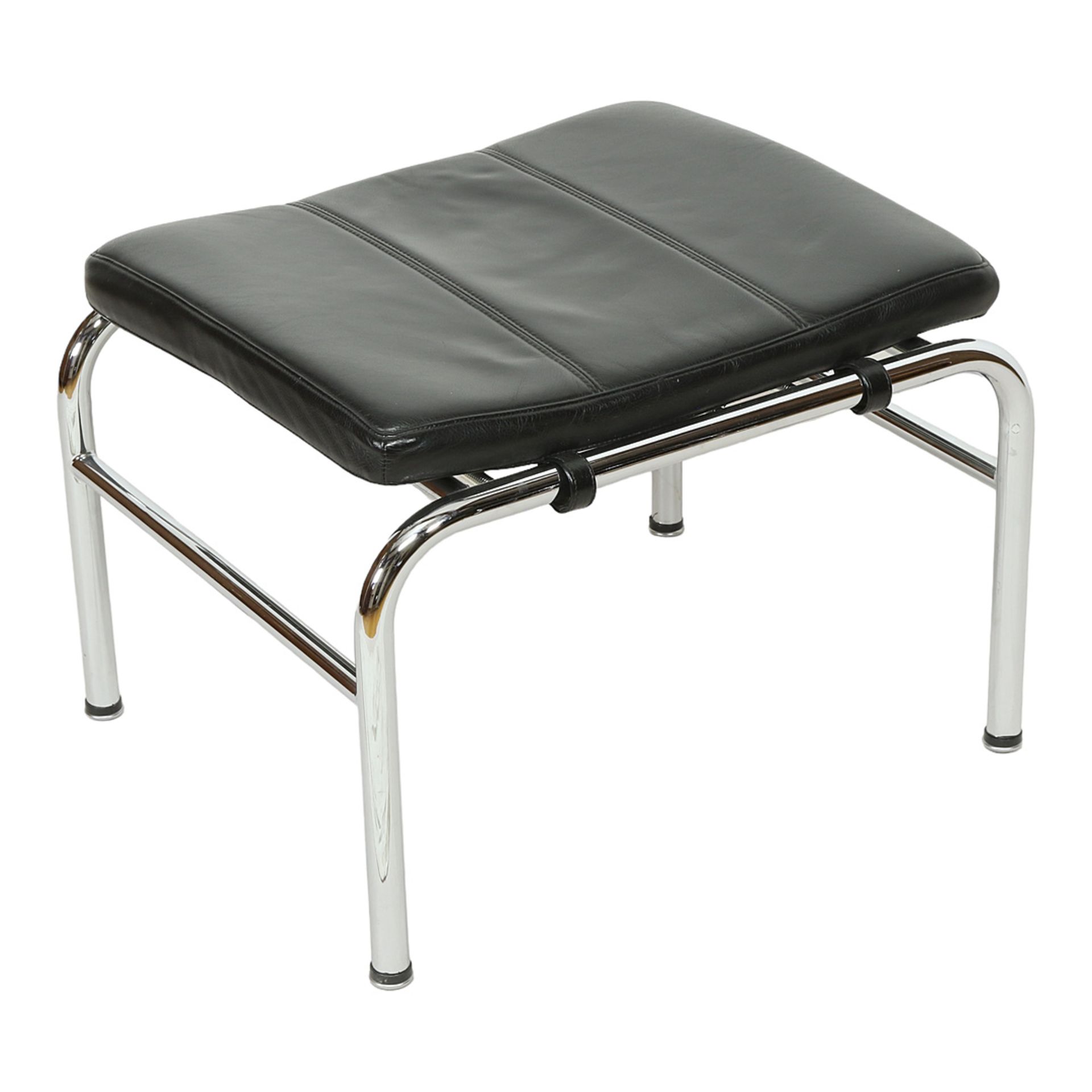 Chaise longue with stool, chrome-plated steel, black leather cover - Image 8 of 9