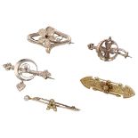 Five antique, gold-plated brooches