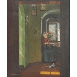 Rud. Gaebler, Interior with a knitting woman