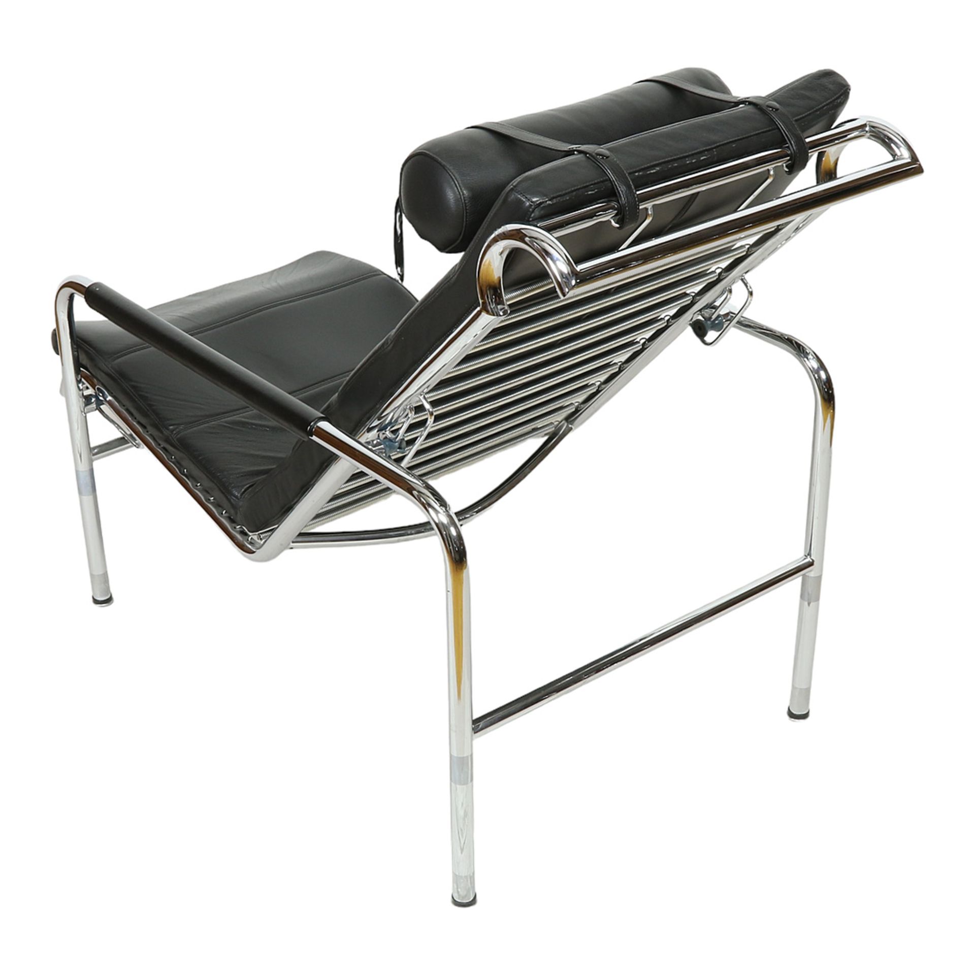 Chaise longue with stool, chrome-plated steel, black leather cover - Image 5 of 9