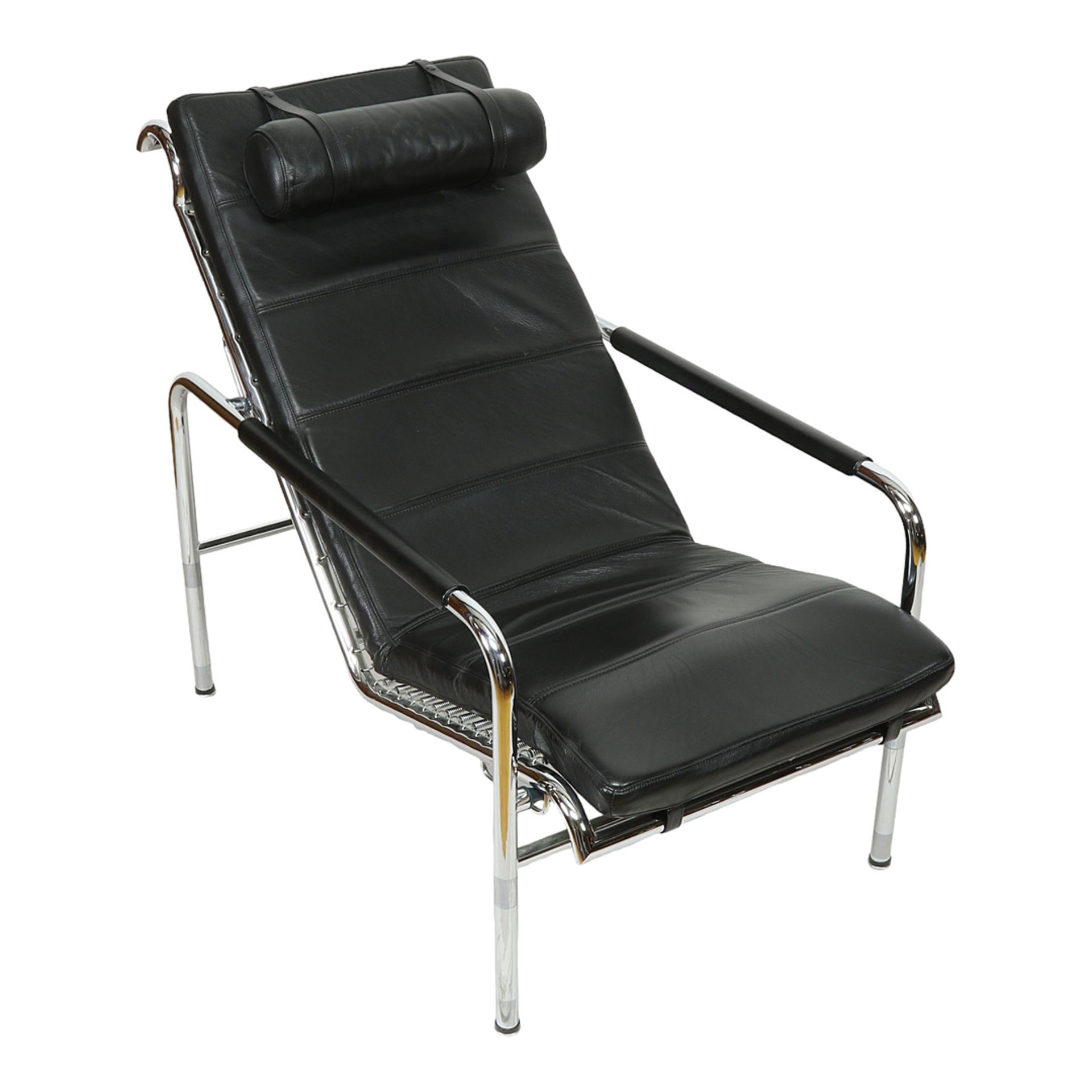 Chaise longue with stool, chrome-plated steel, black leather cover - Image 4 of 9